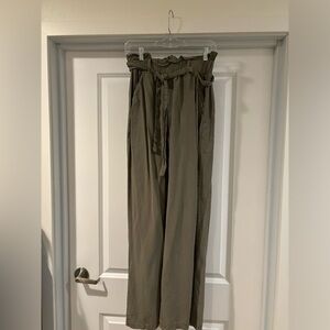 Army green wide leg paper bag pants with tie front